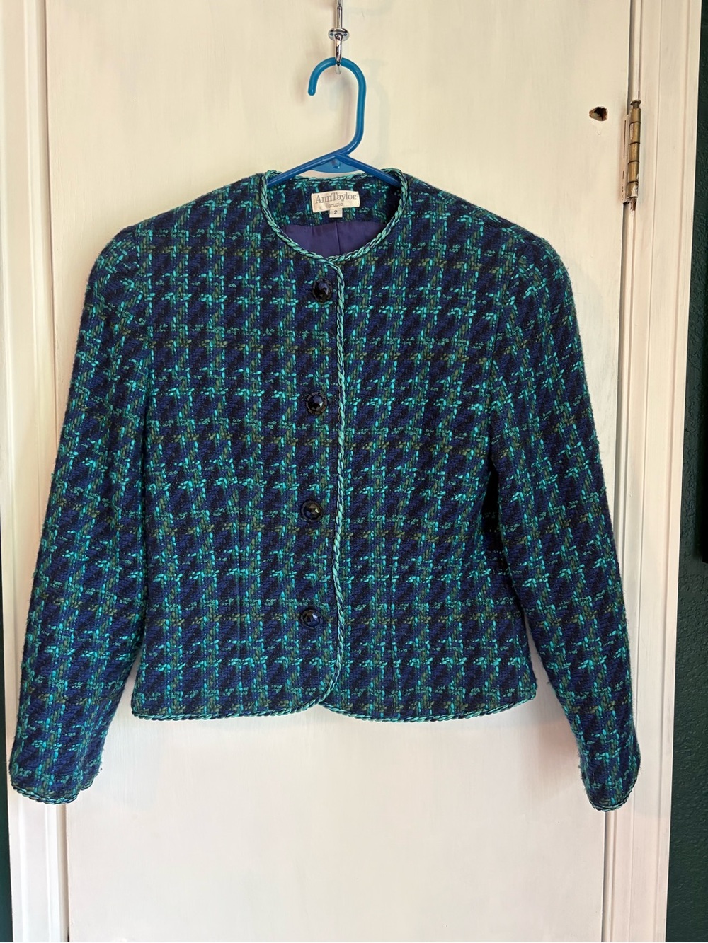 Vintage Ann Taylor Teal and Navy Tweed Button Jacket - Picture 1 of 6